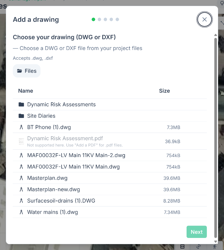 The first step of the Add a drawing wizard, choosing a DWG or DXF file