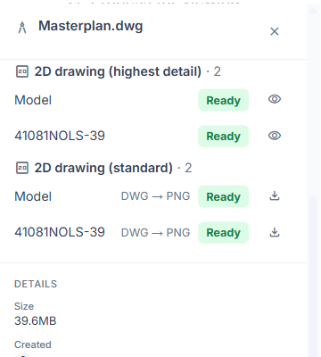 A drawing’s Outputs list showing each layout and its Ready status