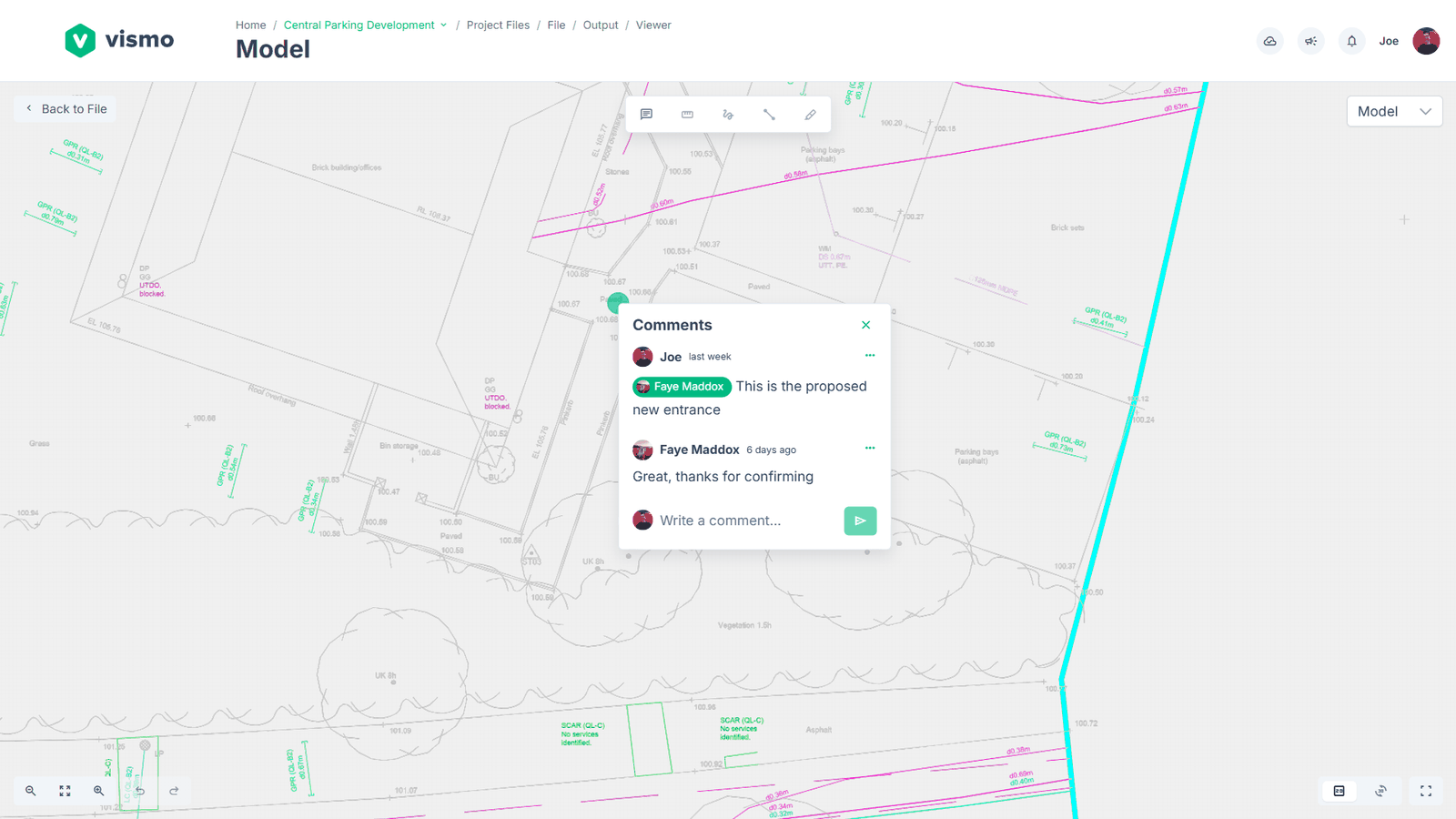A comment thread on a drawing in the viewer, with an @mention of a teammate