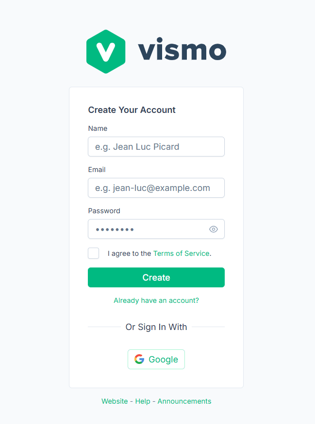 The Create Your Account form, with fields for name, email and password, a Terms of Service checkbox, and a Google sign-in option