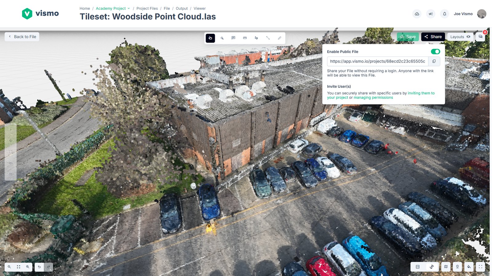 The Share window over a point cloud in the viewer, with the public link switched on