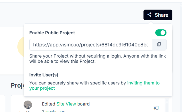 The Share window on a project, with Enable Public Project switched on