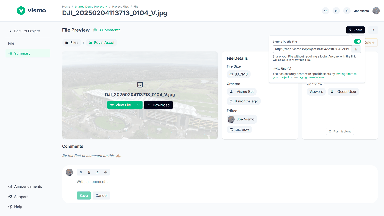 The Share window on a file's page, with Enable Public File switched on