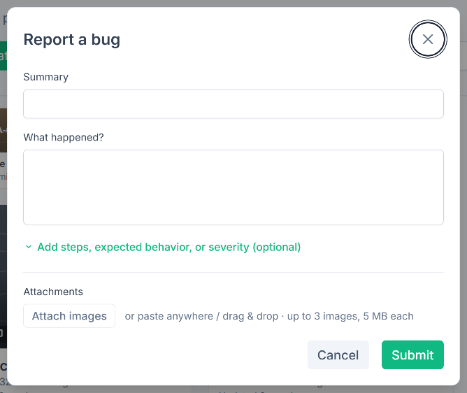 The empty Report a bug dialog