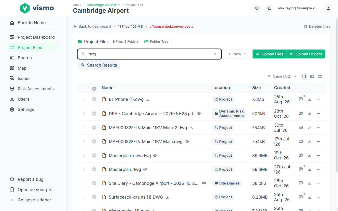 Project Files with a search typed into the search box and matching results listed