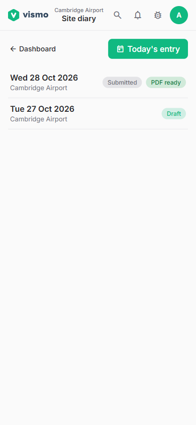 The site diary entry list in the mobile app