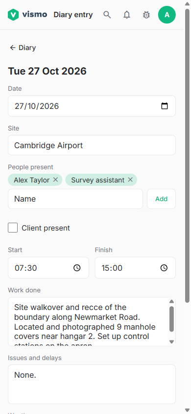 A site diary entry form in the mobile app