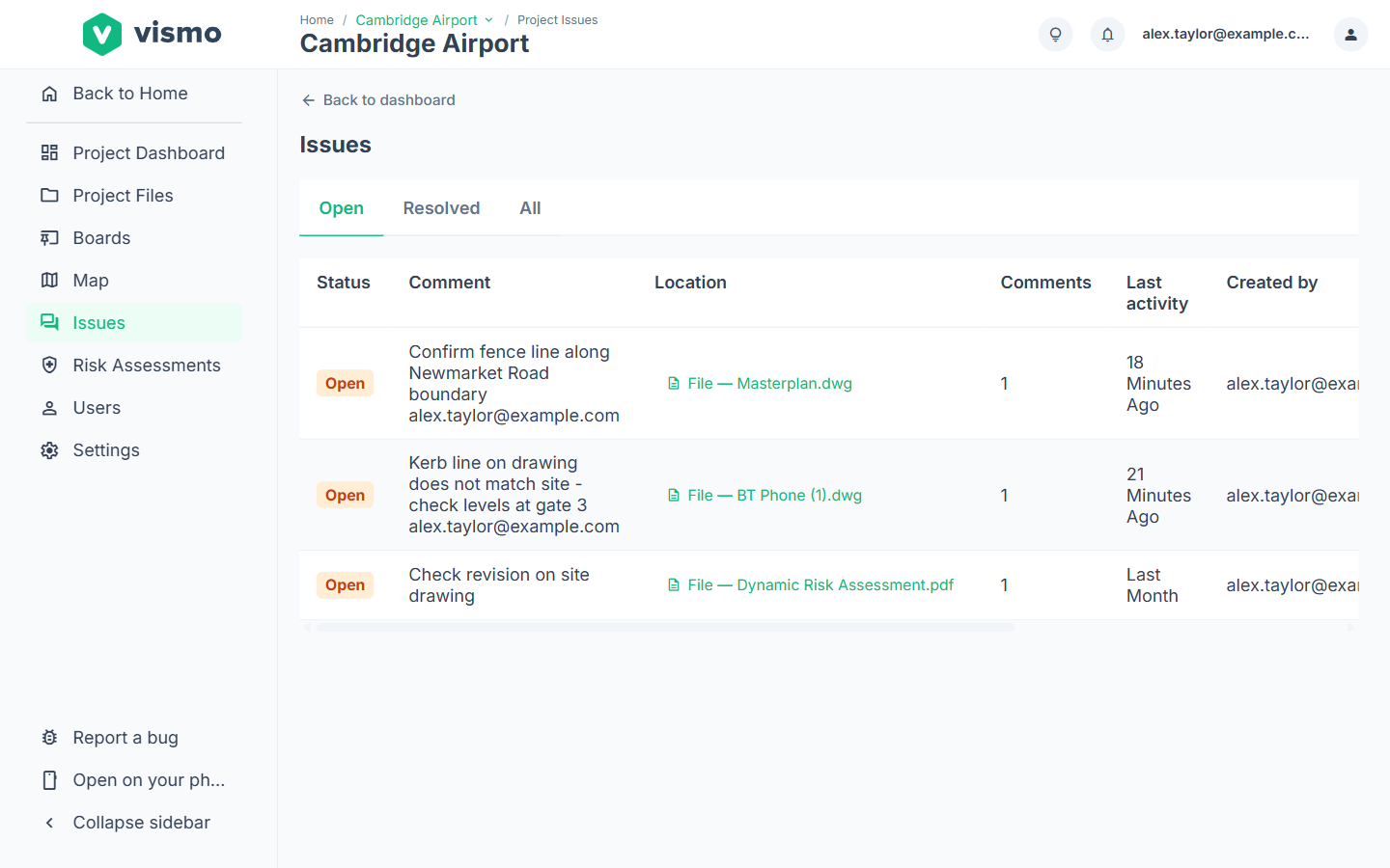 The project Issues page with the Open and Resolved tabs and a list of issues