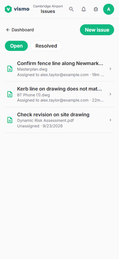 The Issues list in the mobile app