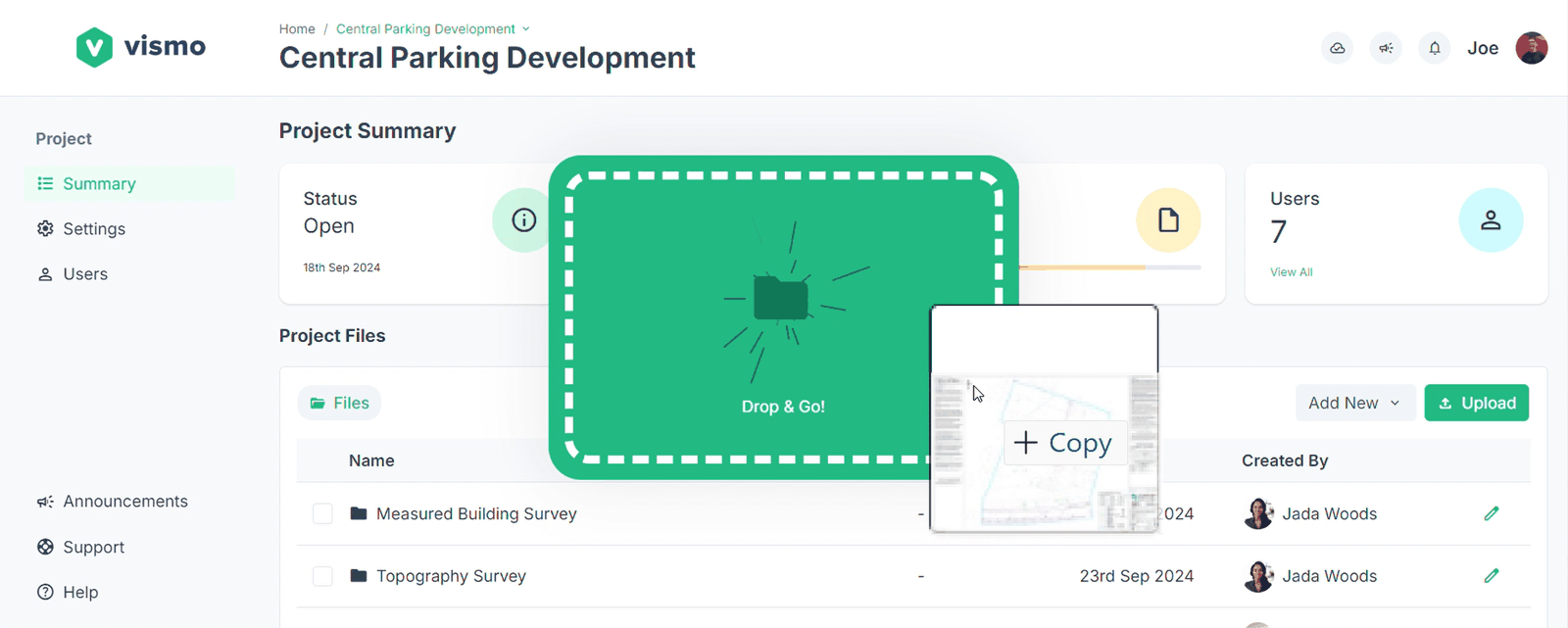 Files being dragged into a project, with the "Drop & Go!" drop zone showing