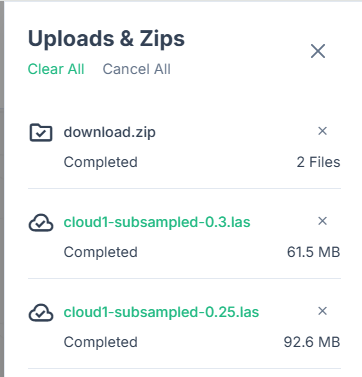 The uploads panel listing completed uploads and a ZIP download, with Clear All and Cancel All links