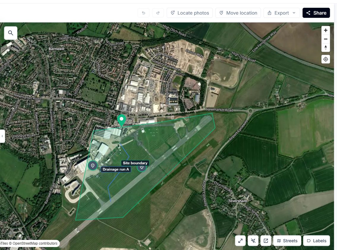 The project map showing a boundary, a polyline and pins on satellite imagery