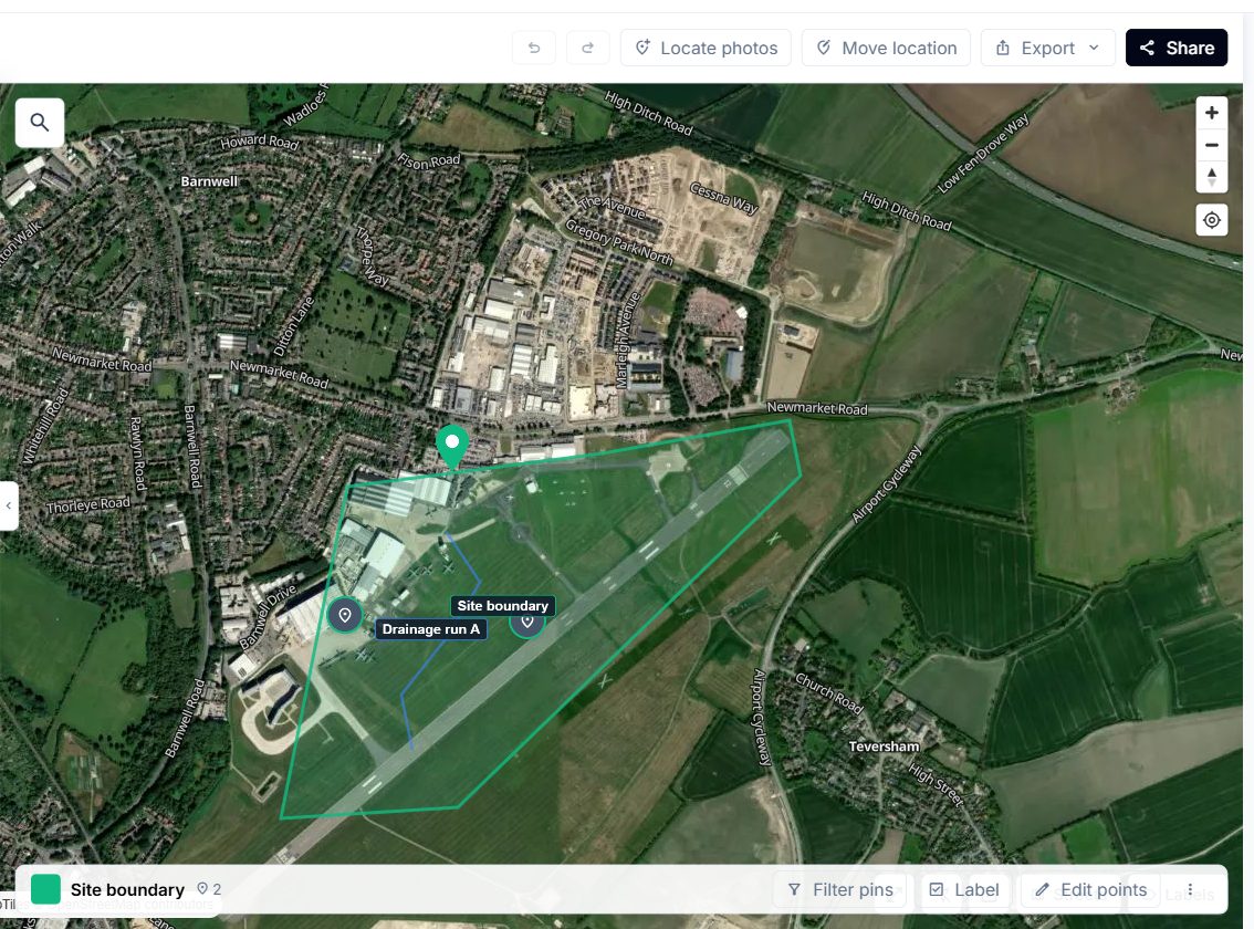 A boundary selected on the map, with its action bar at the bottom