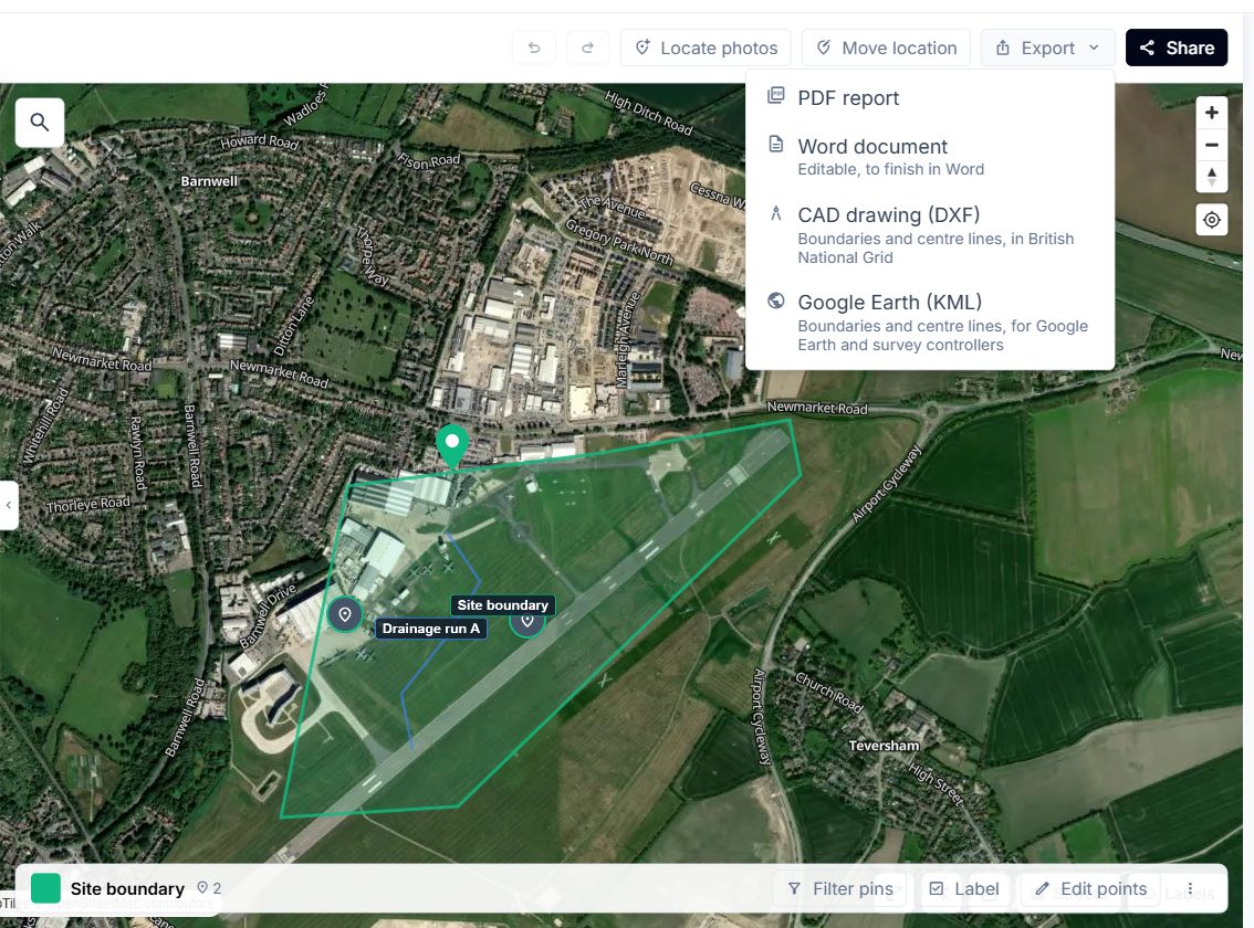 The Export menu open on the map, listing PDF report, Word document, CAD drawing (DXF) and Google Earth (KML)