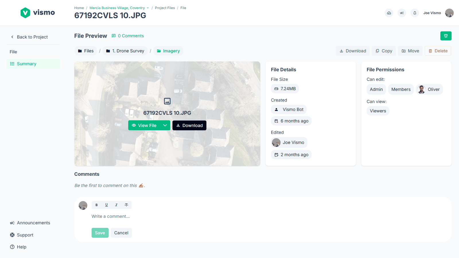 A file's page showing the file preview, its details, and its permissions