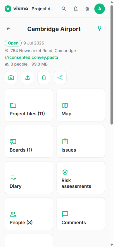 A project home screen in the mobile app, with its tiles